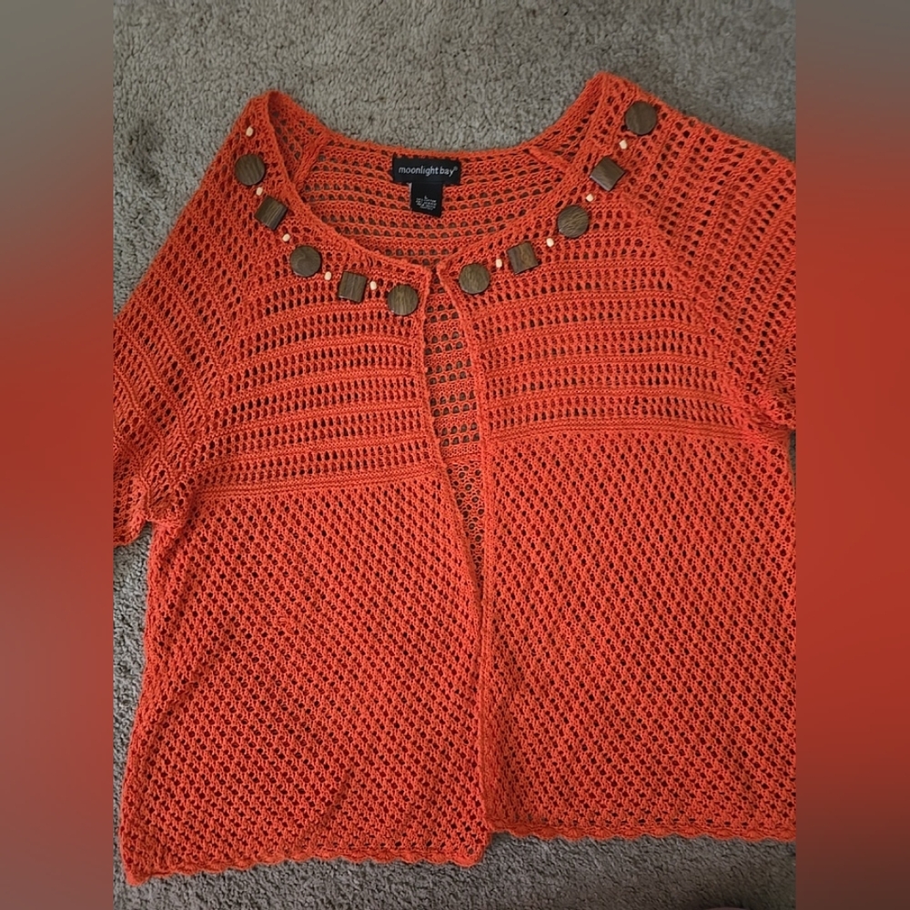 Salmon orange crochet cardigan with front buttons,cotton and acrylic blend,SizeL